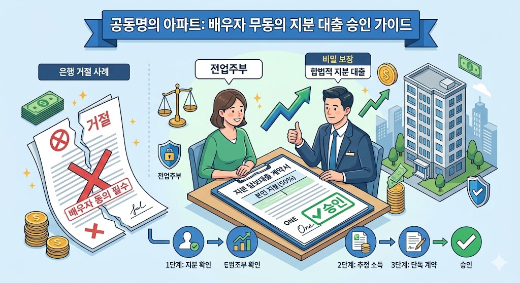 공동명의 아파트에서 배우자 동의 없이 본인 지분(50%)만으로 대출을 승인받는 비밀 보장 지분 담보대출 성공 전략 인포그래픽 가이드. 은행 거절 사례와 비교하여 단독 계약 승인 과정을 설명.