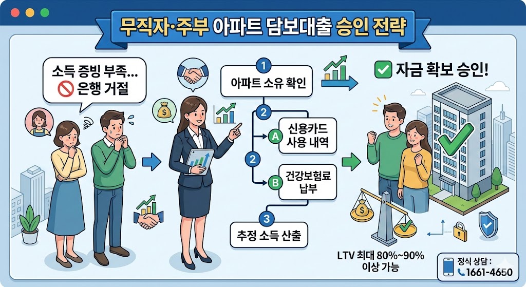 소득 증빙이 어려운 무직자와 주부가 신용카드 사용 내역과 건강보험료 납부 내역을 바탕으로 추정 소득을 산출하여, LTV 80% 이상의 아파트 담보대출을 승인받는 과정을 설명하는 인포그래픽 흐름도